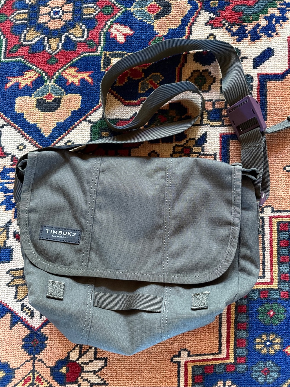 Timbuk2 Olive Green Messenger Bag with Purple Buckle Accent